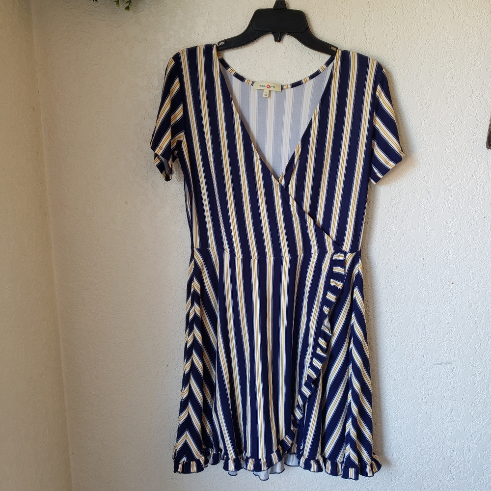 NWOT Wishful Park Blue Yellow White Striped Faux Wrap Short Sleeve Dress Size M